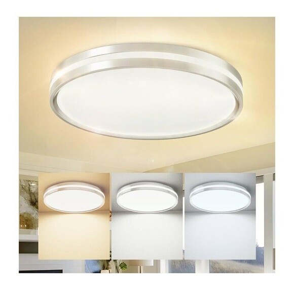 Wattcreek Flush Mount LED Light 14in 5 Adjust Light Color Double Silver Ring Dim - Picture 6 of 10